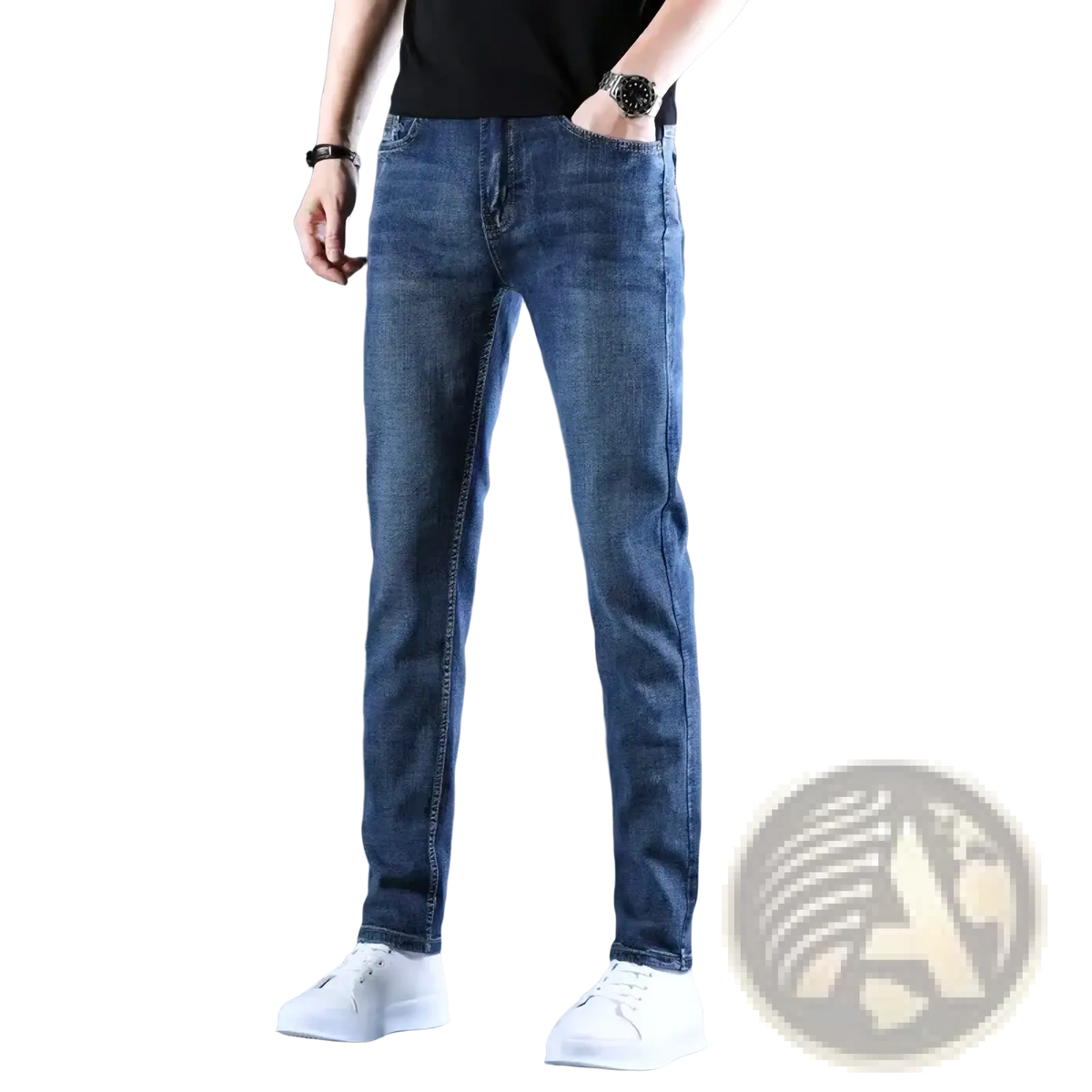 Men straight dark denim jeans in blue slim fit with classic stitching made of denim material