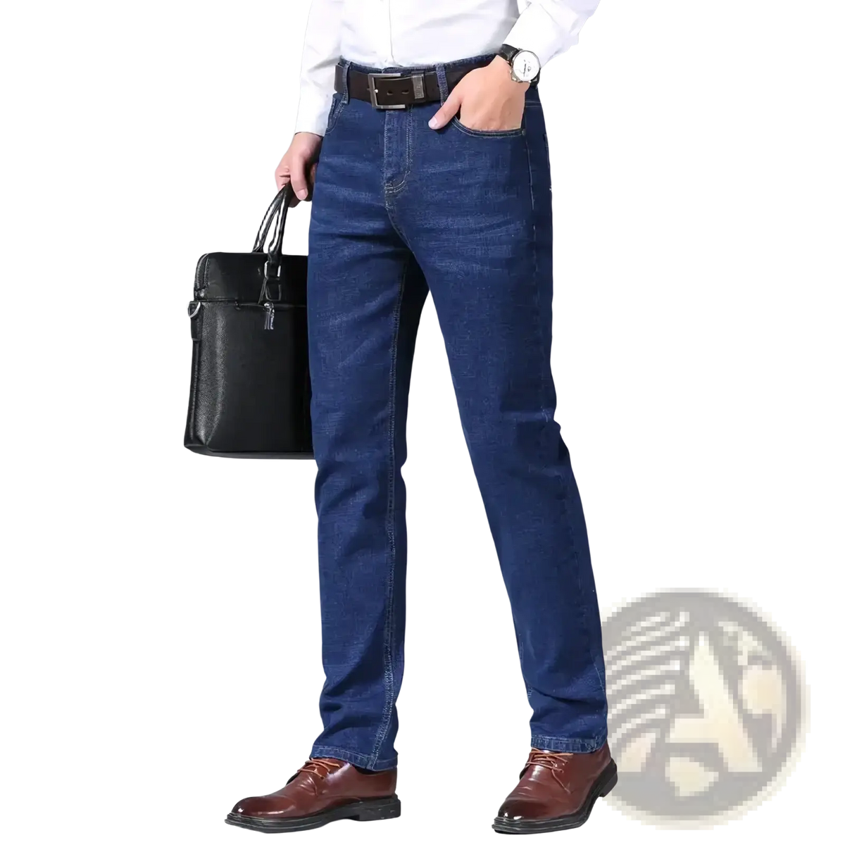 Men straight dark denim jeans featuring dark blue denim with a classic straight-leg cut and visible stitching