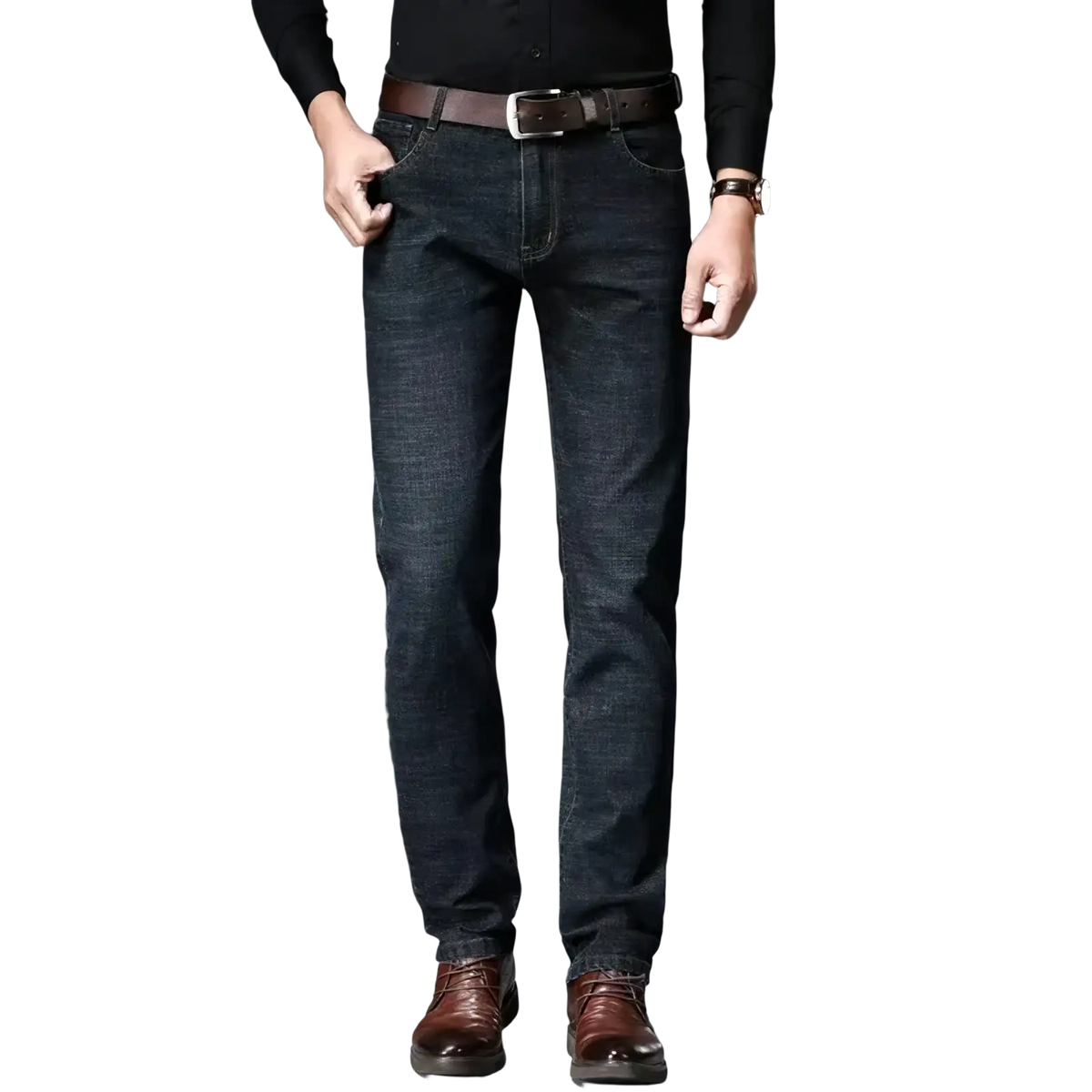 Men straight dark denim jeans in dark indigo with a straight-leg cut and classic five-pocket design