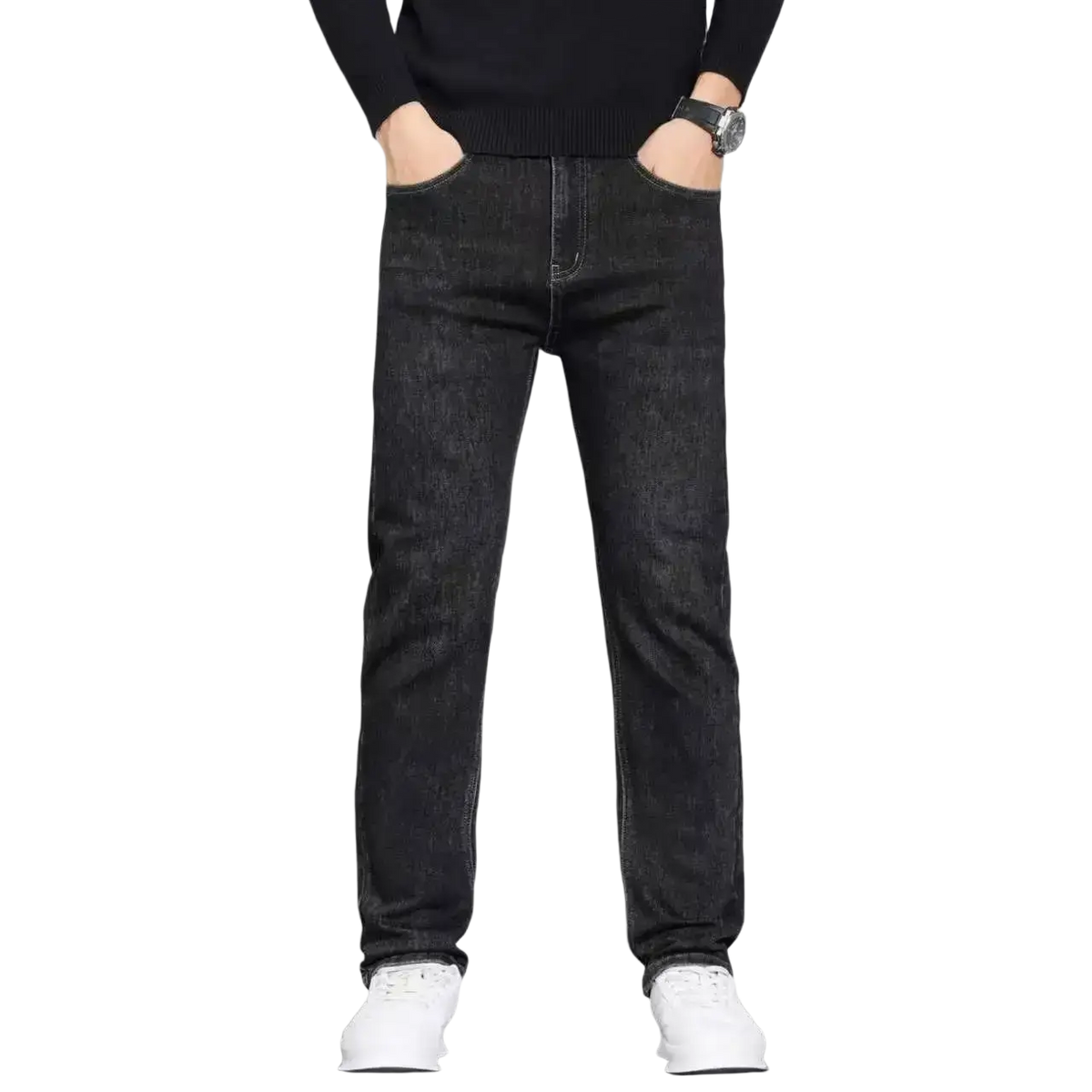 Men straight dark denim jeans in dark-wash denim with a straight-leg cut and classic stitching details