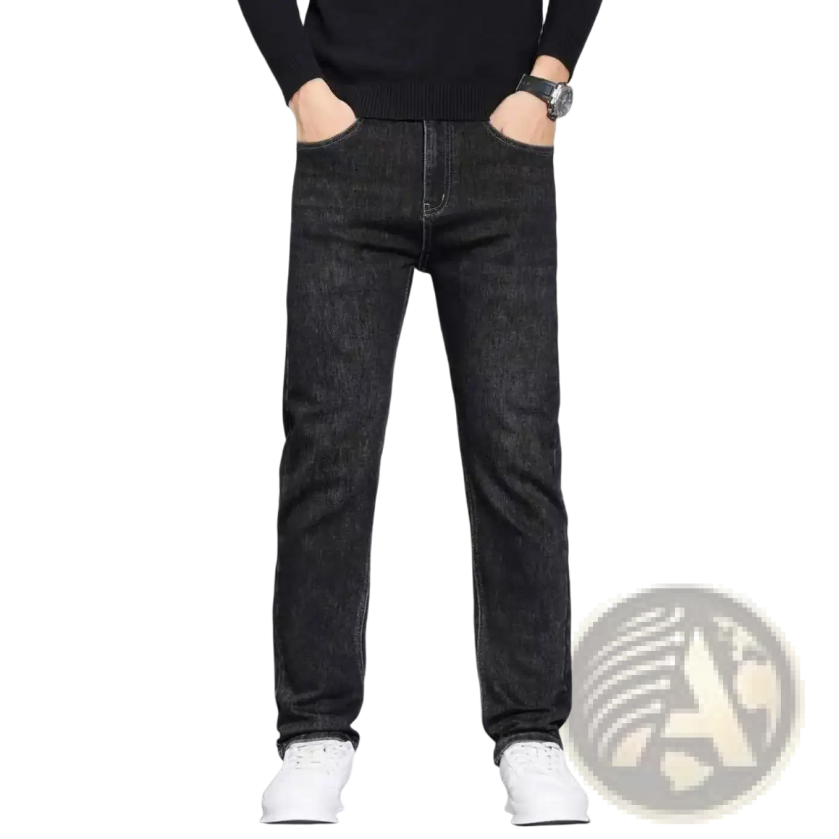 Men straight dark denim jeans in dark wash with straight-leg cut and classic stitching detail