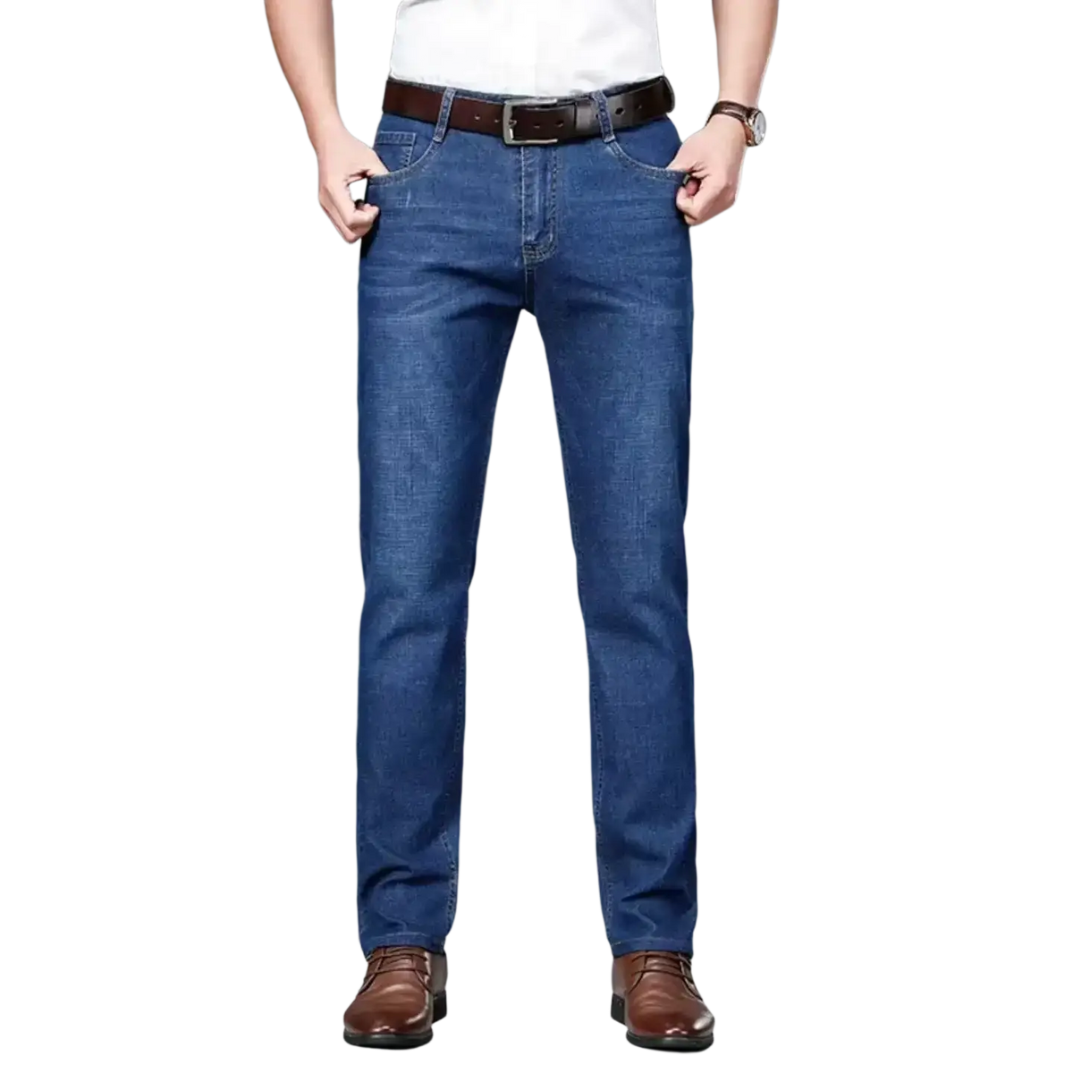 Men straight leg denim jeans in blue with classic straight leg cut and visible stitching details on durable fabric