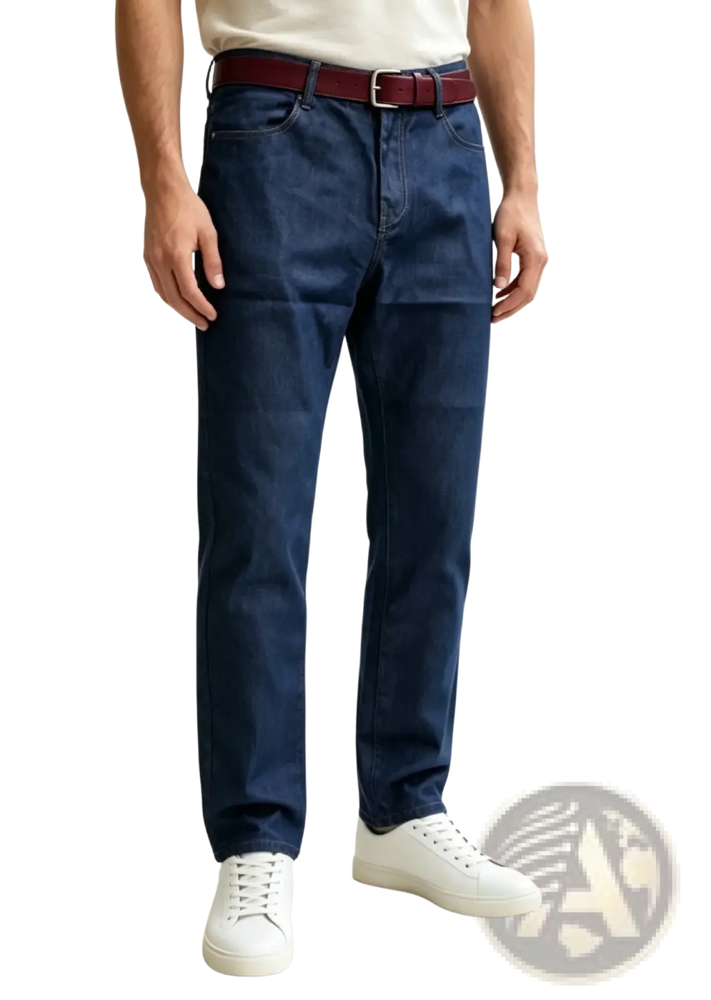 Men straight leg denim jeans in dark blue denim paired with a burgundy belt and white sneakers