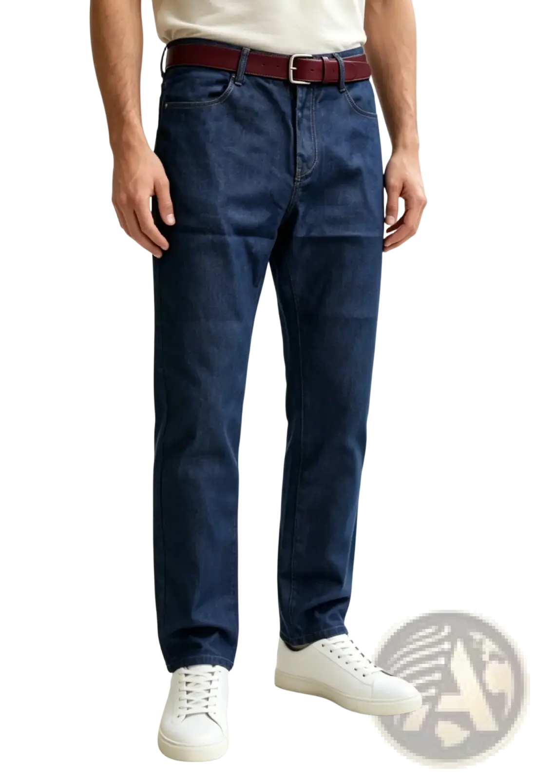 Men straight leg denim jeans in dark blue denim paired with a burgundy belt and white sneakers