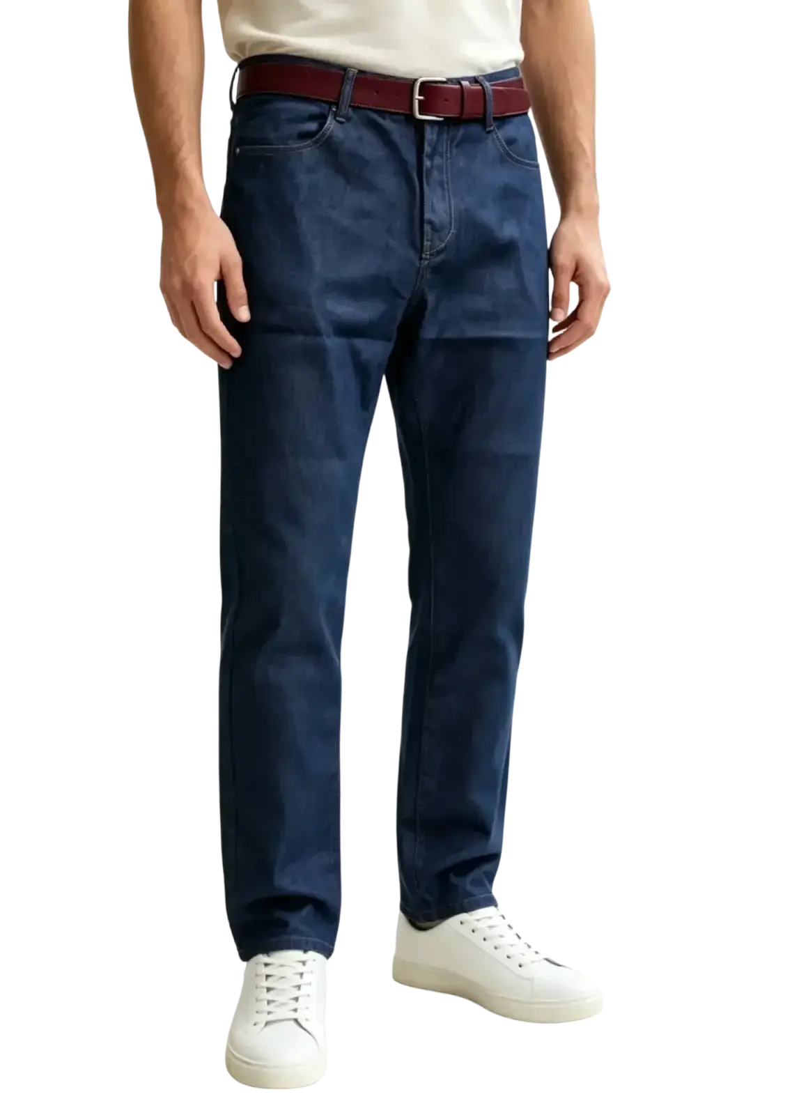 Dark blue men straight leg denim jeans with a straight leg cut and matching red leather belt