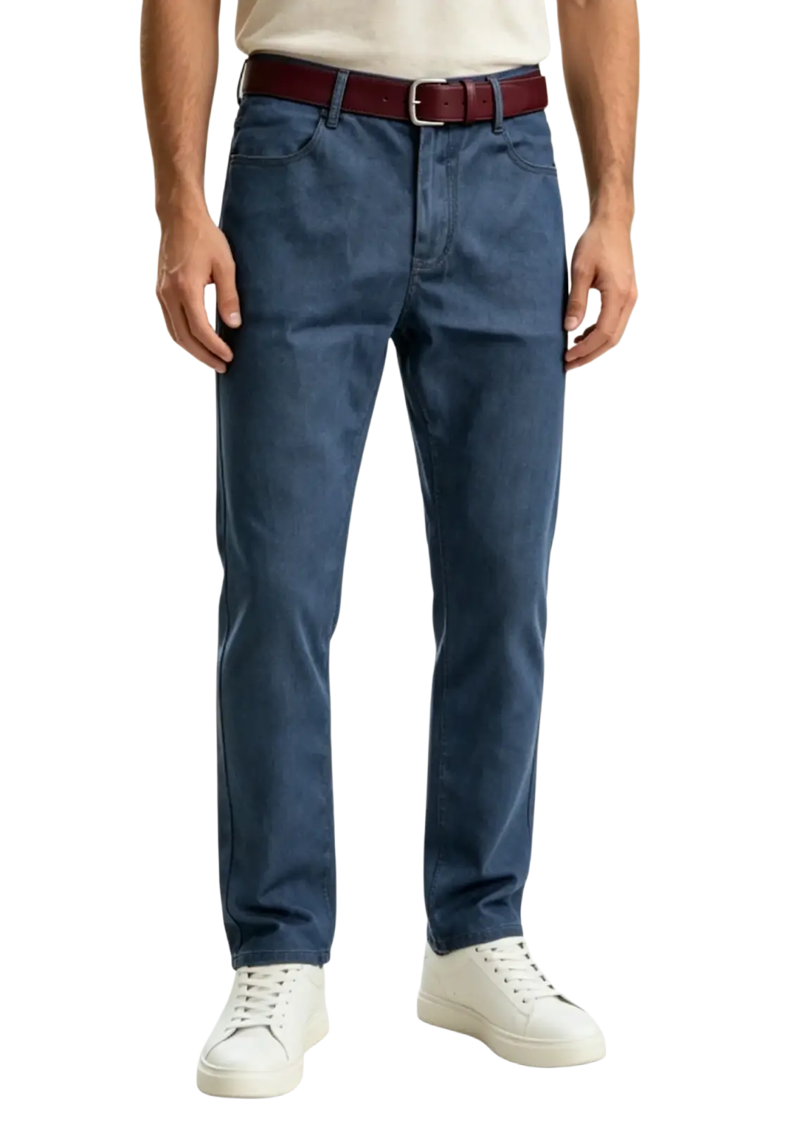 Dark blue slim-fit chinos with a maroon leather belt featured alongside men straight leg denim jeans