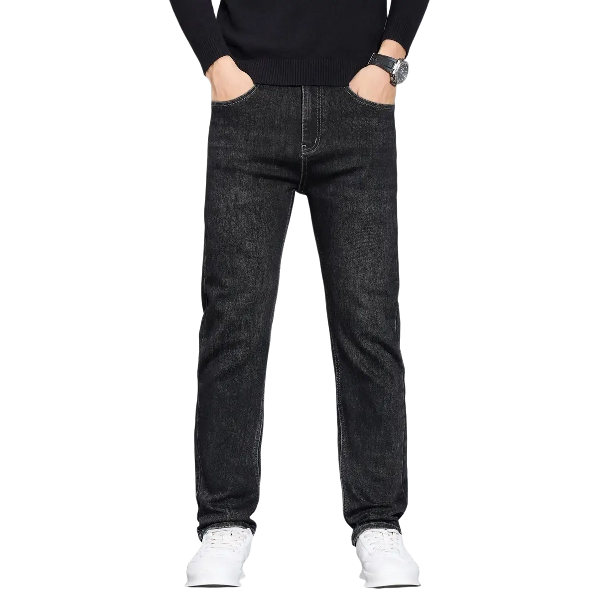 Men straight leg denim jeans in dark wash with classic stitching made from durable denim fabric