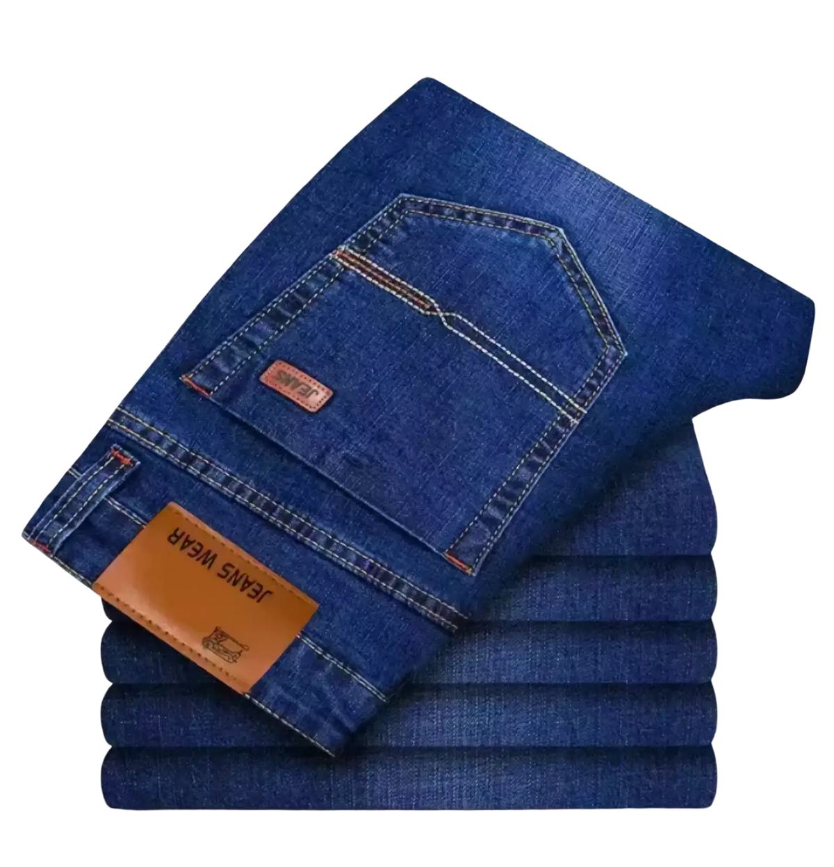 Men straight leg denim jeans in deep blue with a brown leather jeans wear patch on the waistband back side view