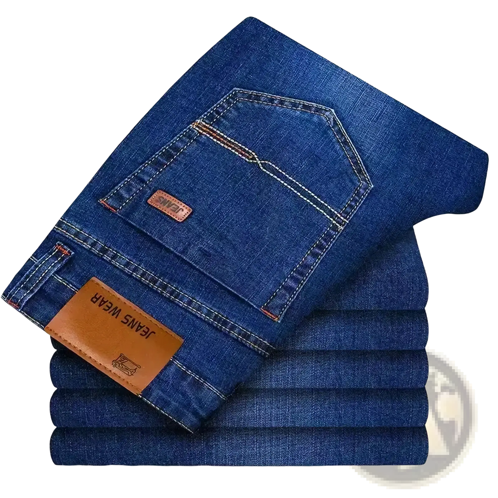 Men straight leg denim jeans in deep blue with classic design brown leather brand patches and contrasting stitching