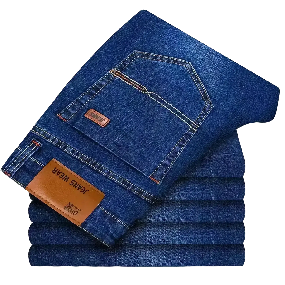 A pair of men straight leg dark blue denim jeans with contrasting stitching and a brown leather brand tag jeans wear
