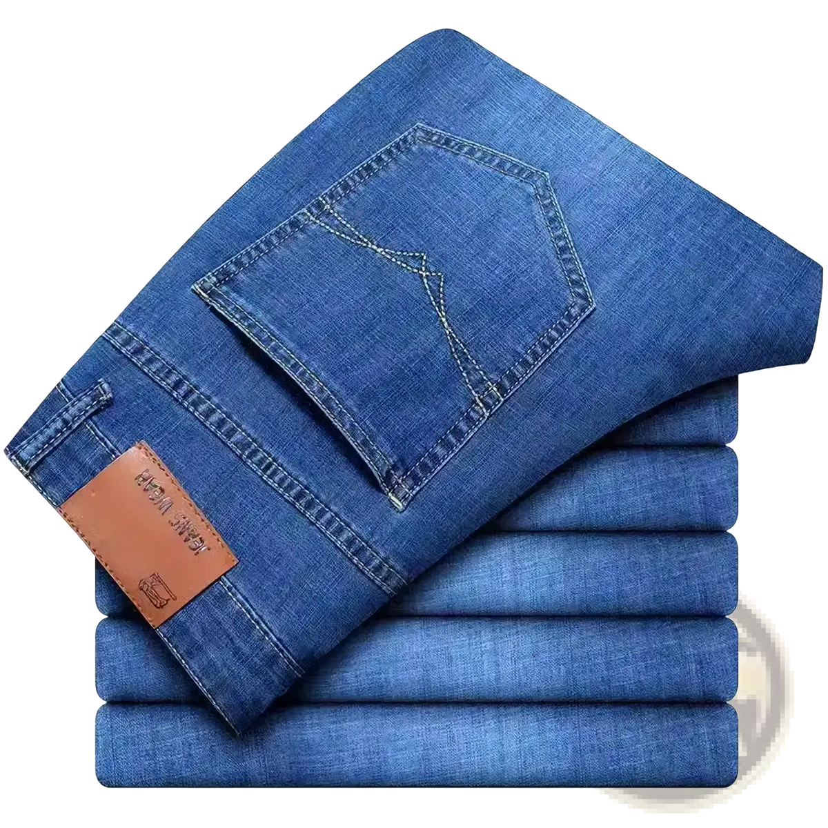 Men straight leg stretch denim jeans in blue with a brown leather brand tag on the waistband back side view