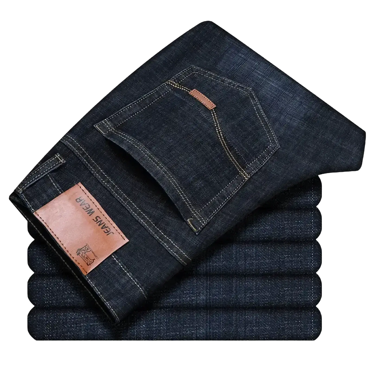 Dark blue men straight leg stretch denim jeans with white stitching and brown leather jeans wear brand tag on back waistband