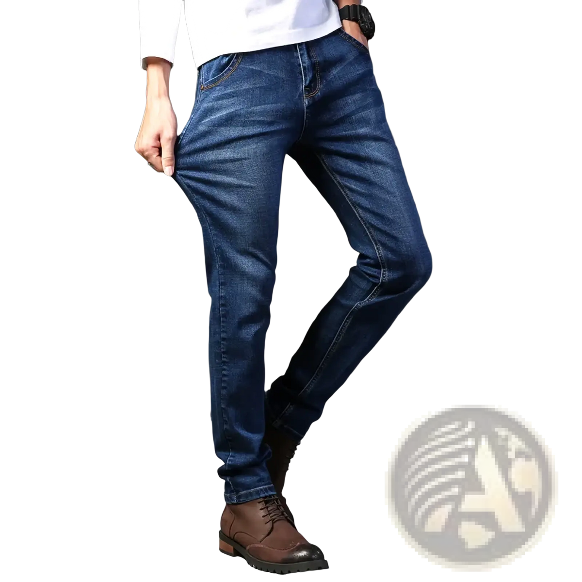 Men straight leg stretch denim jeans in dark blue with slim fit and classic stitching detailing