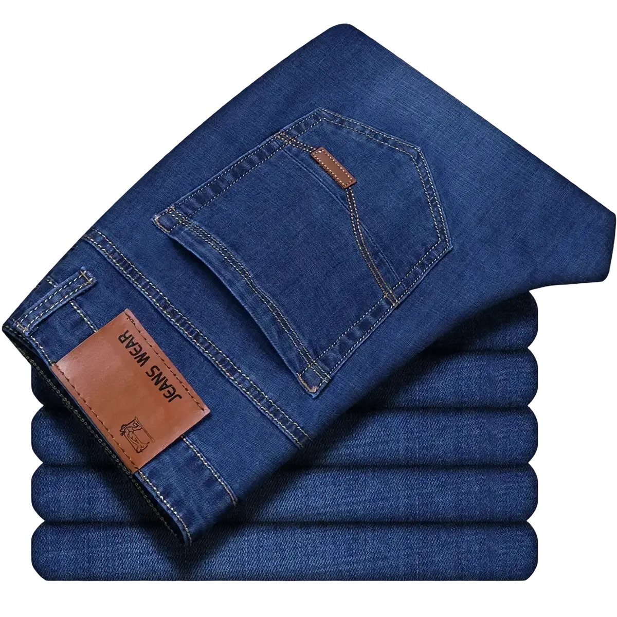 A pair of men straight leg stretch dark blue denim jeans with a brown leather jeans wear patch on the waistband back side