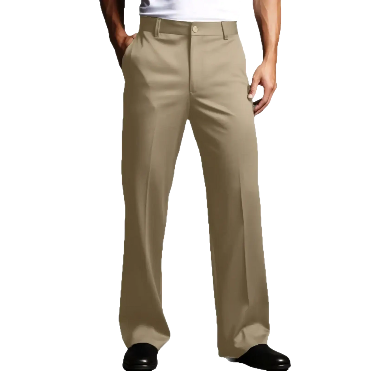 Men straight leg suit pants in khaki made of smooth durable fabric with button and zipper closure for formal wear