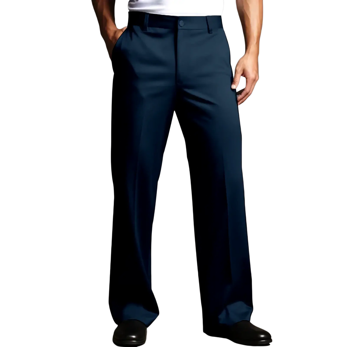 Navy blue tailored men straight leg suit pants with a sleek cut and subtle creases for formal wear