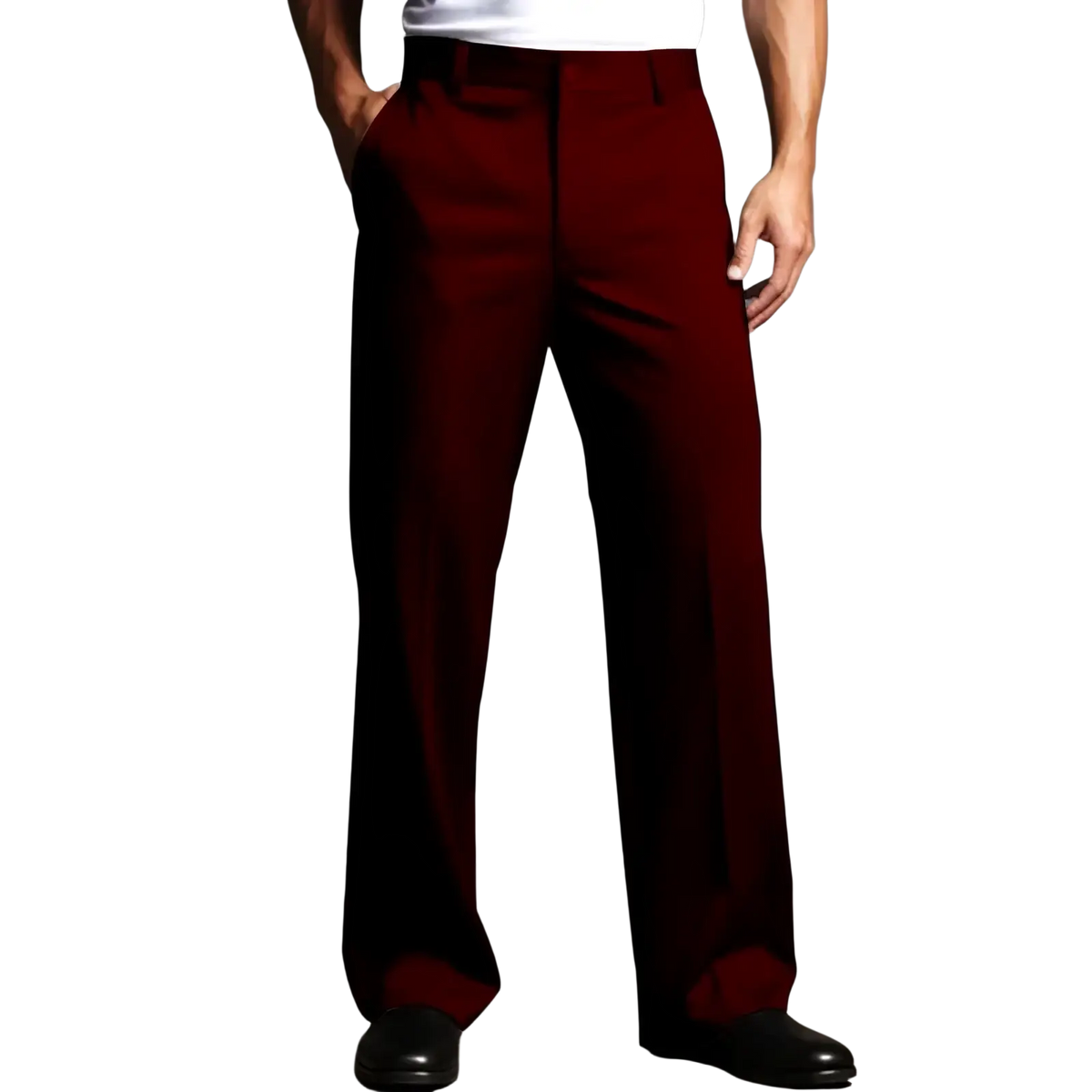 Men straight leg suit pants in rich burgundy with a tailored fit and subtle front creasing for formal occasions