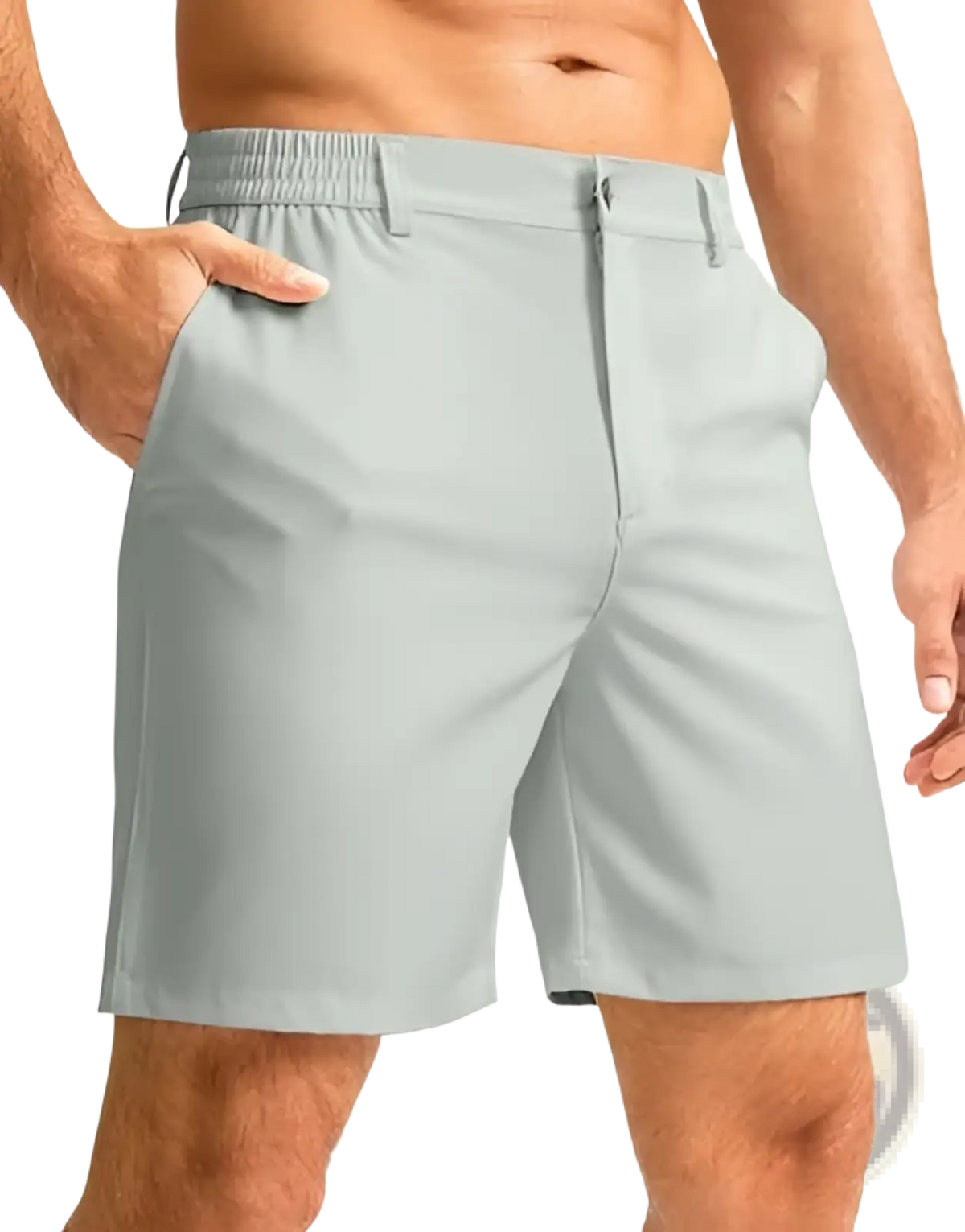Light gray tailored men shorts with relaxed fit and elastic waistband for casual wear in dark green slim fit style