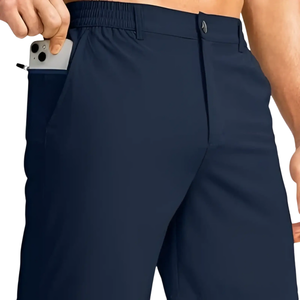 Men stretch casual dark green slim fit shorts with elastic waistband and zippered side pocket holding a smartphone