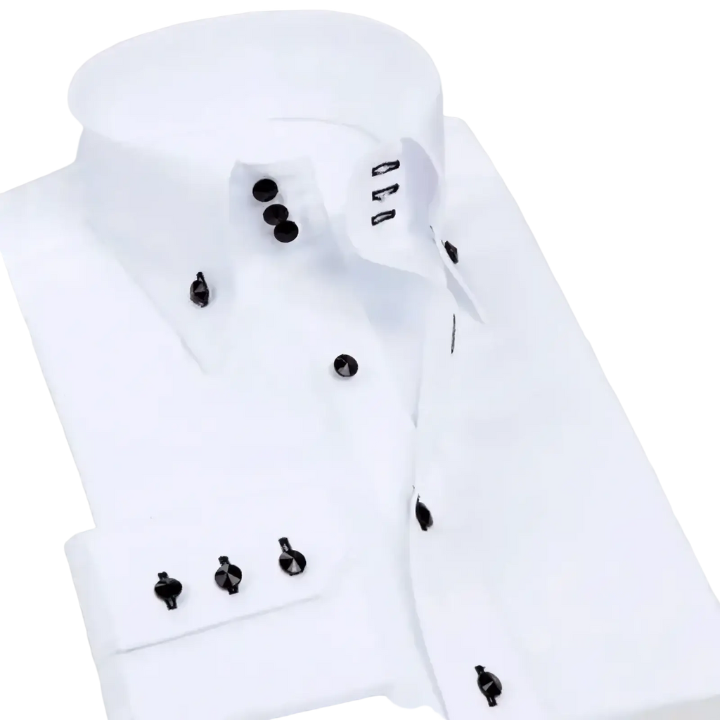 Men stretch white dress shirt with black button accents anti-wrinkle long sleeve for formal wear