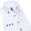 Men stretch white dress shirt with black button accents anti-wrinkle long sleeve for formal wear