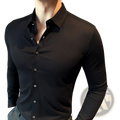 Men stretch dress shirt slim fit wrinkle free in black with subtle textured fabric and silver toned buttons