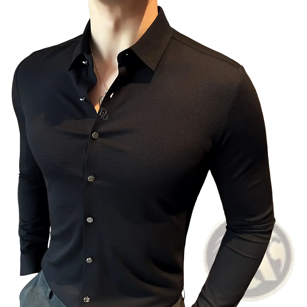 Men stretch dress shirt slim fit wrinkle free in black with subtle textured fabric and silver toned buttons