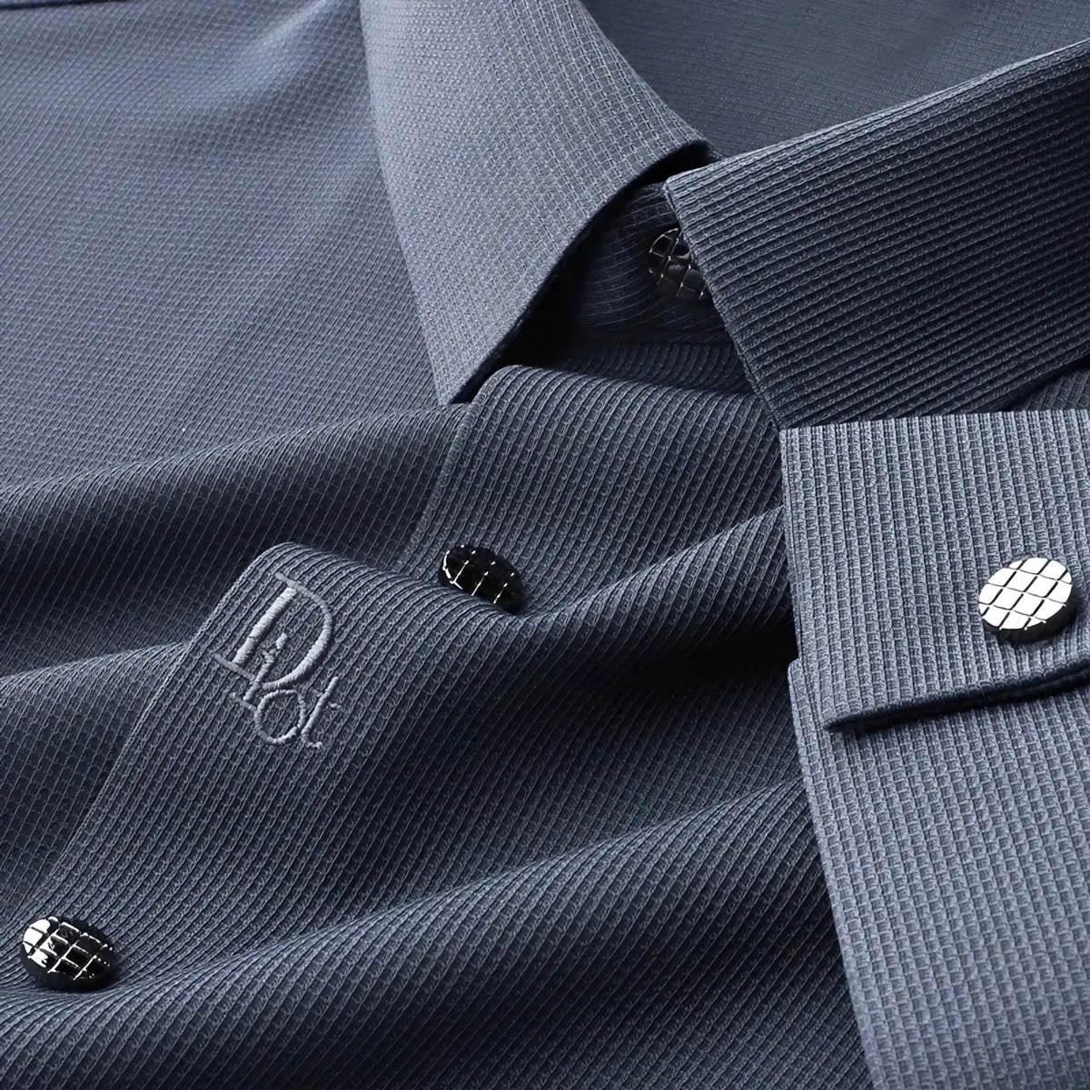 Men stretch dress shirt slim fit wrinkle free dark gray textured cotton with silver dior embroidery and grid-patterned buttons