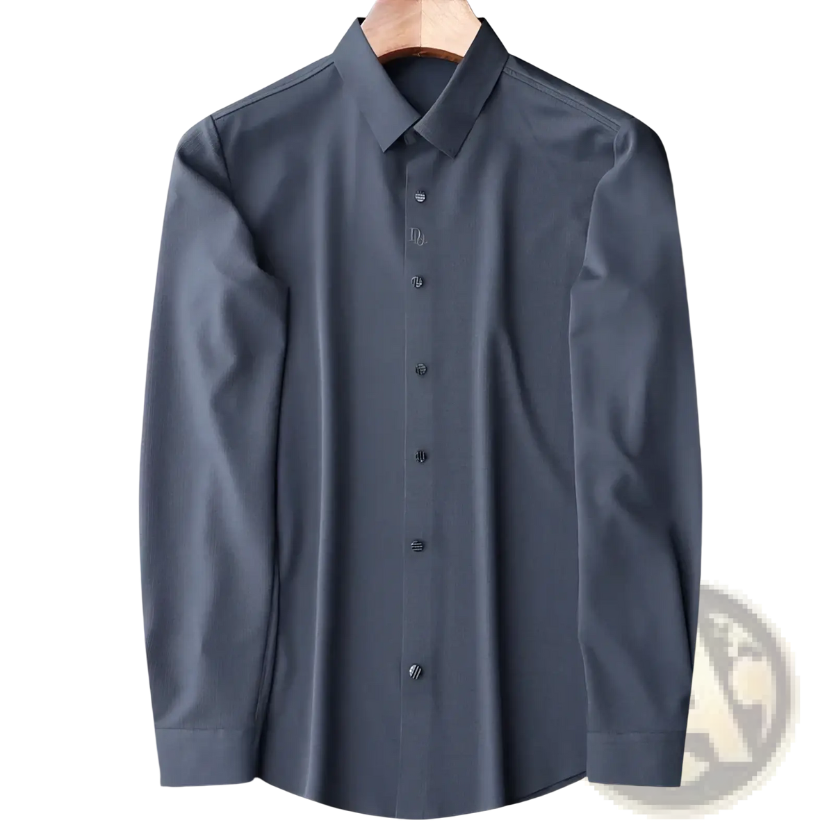 A sleek dark gray men stretch dress shirt with a classic collar and button-down front slim fit wrinkle free