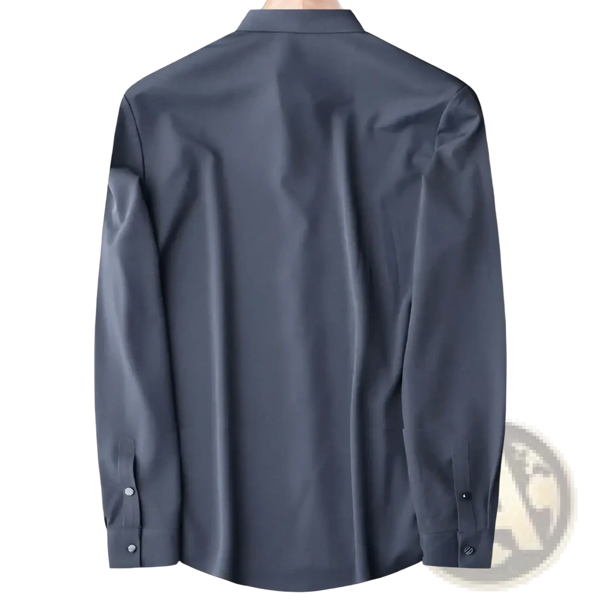 Men stretch dress shirt slim fit wrinkle free in sleek dark gray with smooth slightly glossy fabric and classic buttoned cuffs