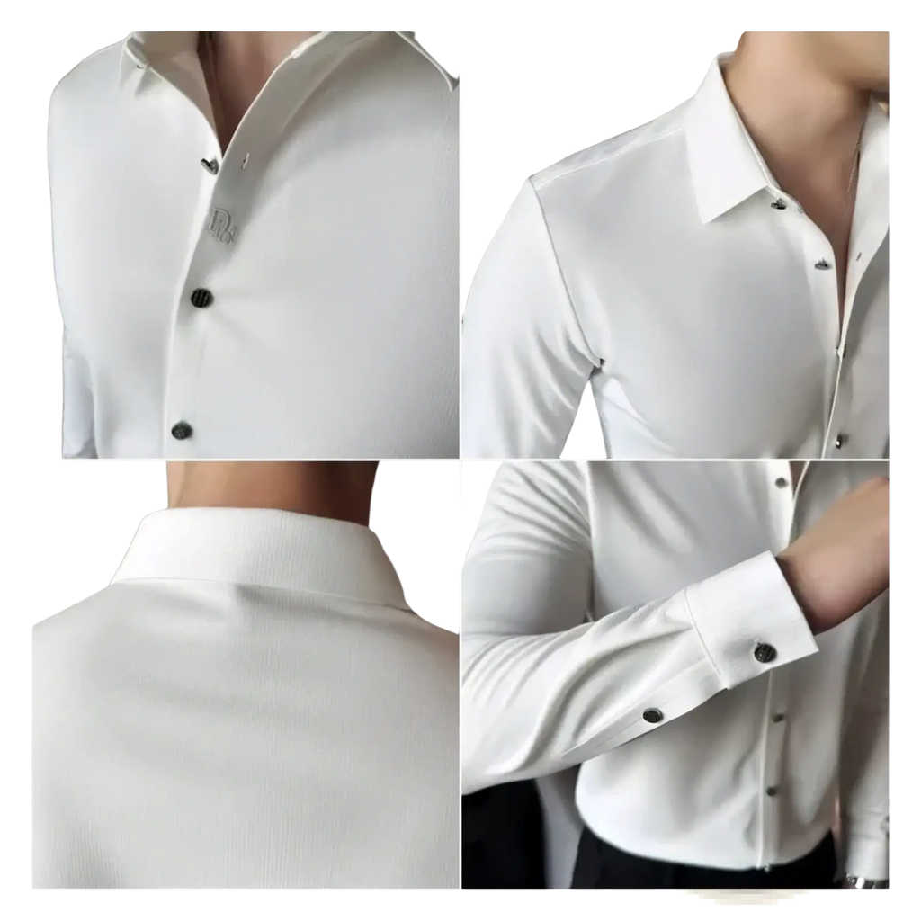 Men stretch dress shirt slim fit wrinkle free white with crisp collar black buttons and subtle ribbed texture
