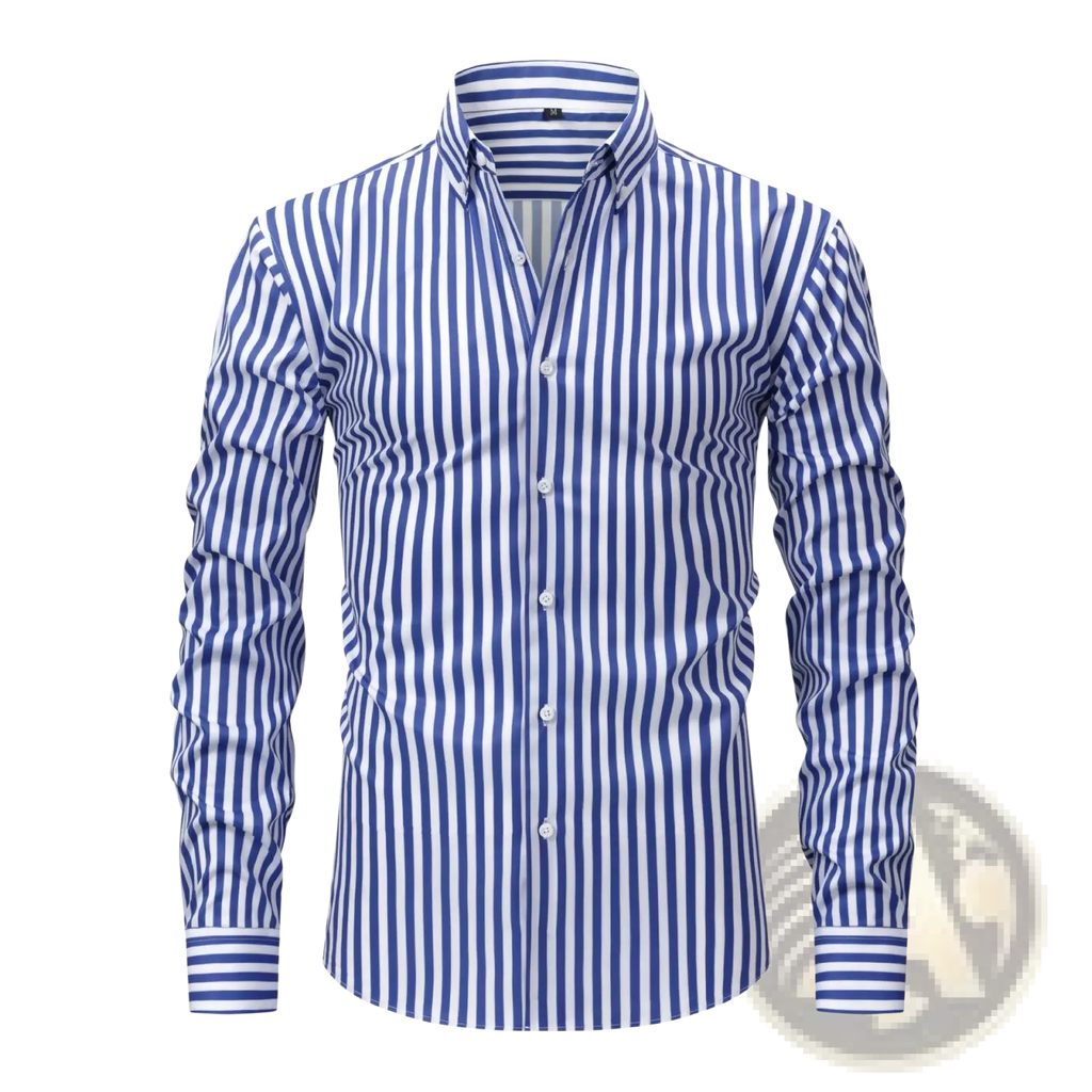 Men stretchy striped long sleeve dress shirt in crisp blue and white vertical stripes with classic collar design