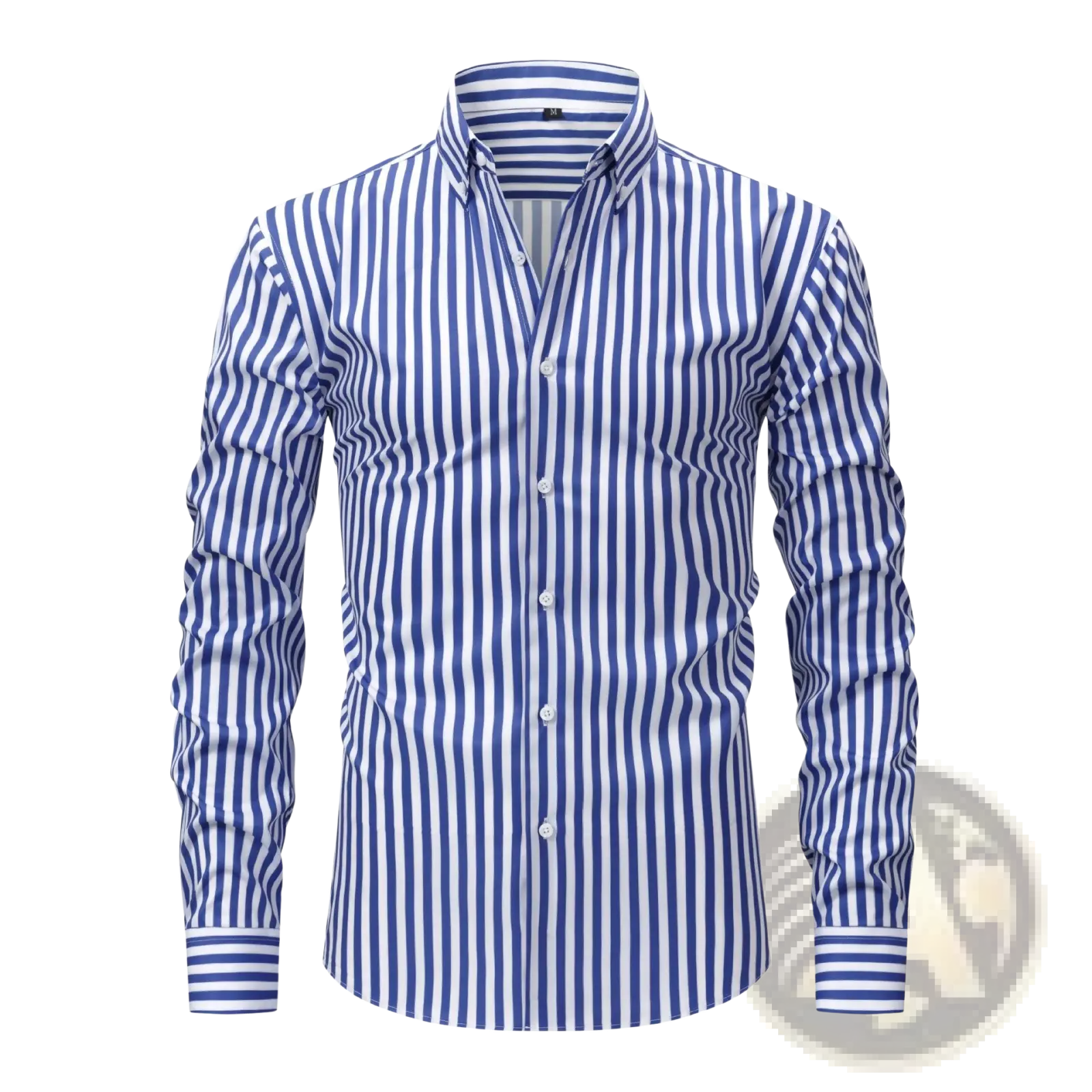 Men stretchy striped long sleeve dress shirt in crisp blue and white vertical stripes with classic collar design