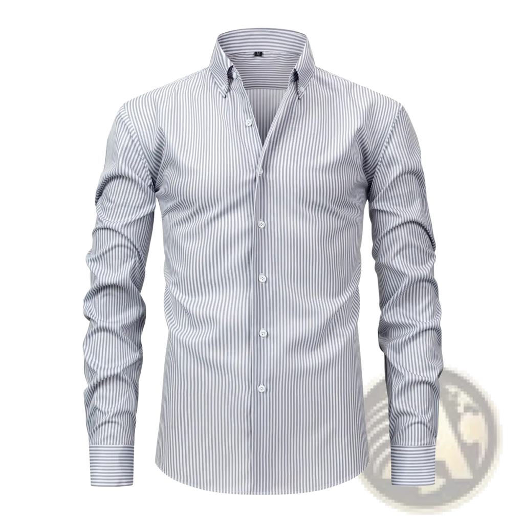 A men’s stretchy long sleeve dress shirt with fine gray and white vertical stripes and a classic button-down collar