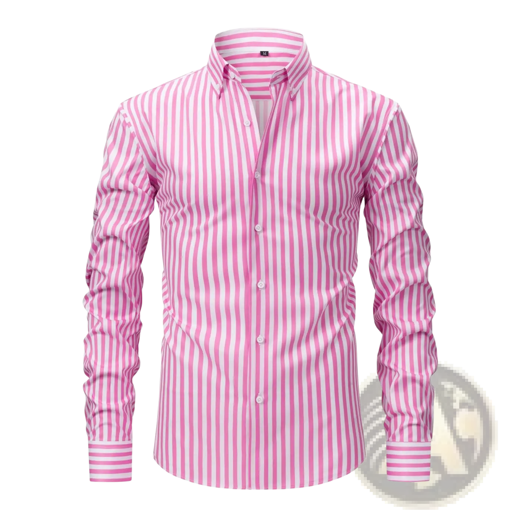 Men stretchy striped long sleeve dress shirt with pink and white vertical stripes and a button-down collar