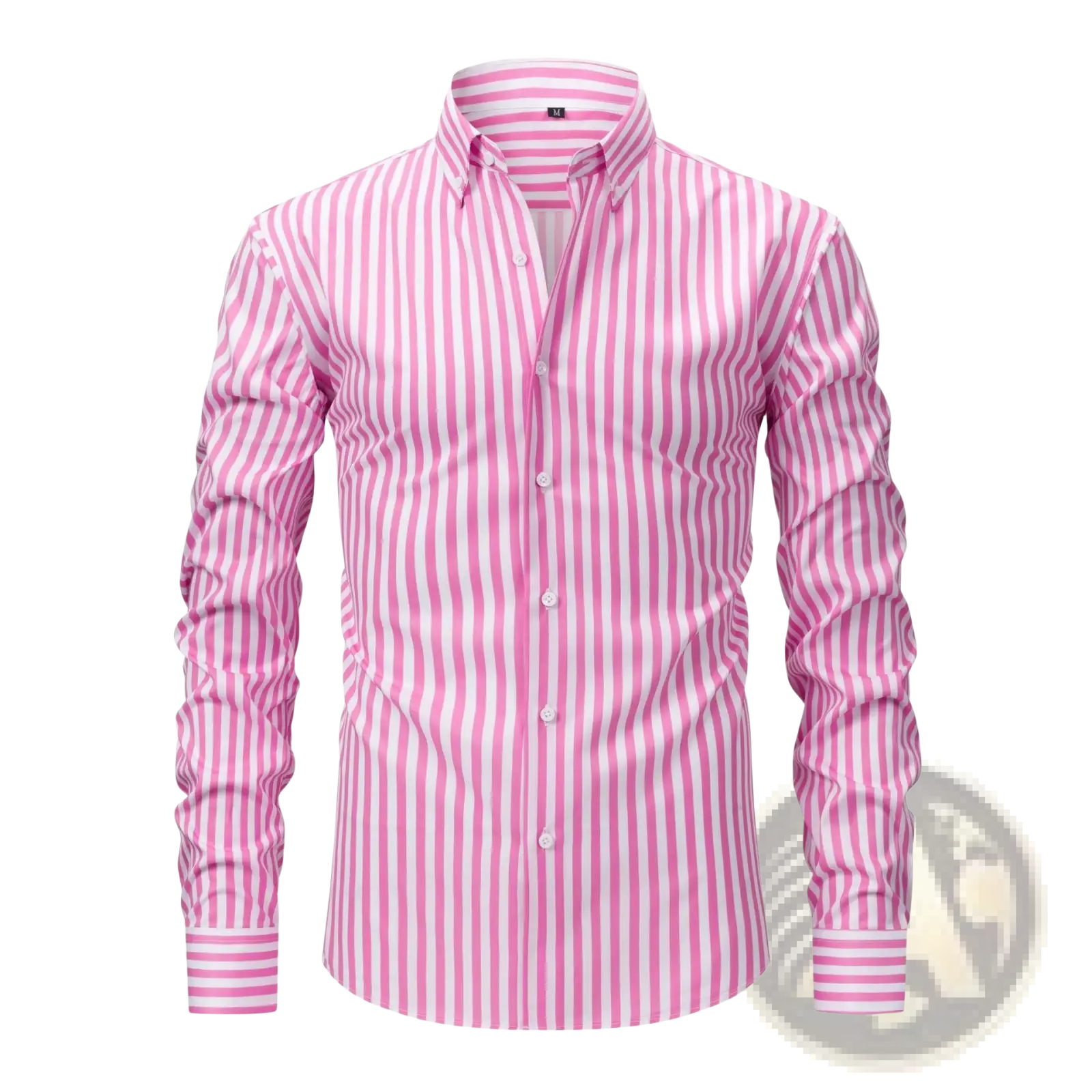 Men stretchy striped long sleeve dress shirt with pink and white vertical stripes and a button-down collar