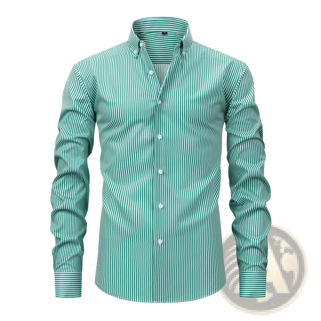 Men stretchy striped long sleeve dress shirt in teal and white with a classic collar and button-down front