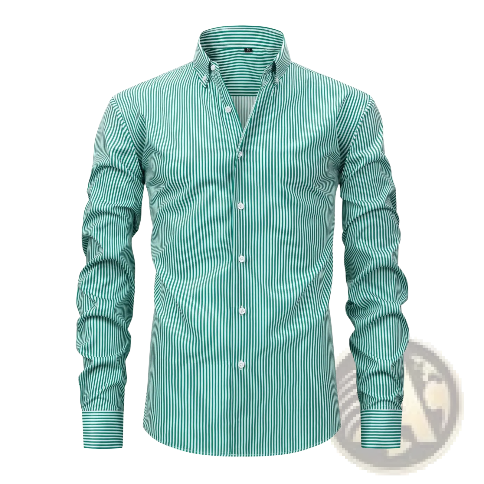 Men stretchy striped long sleeve dress shirt in teal and white with a classic collar and button-down front