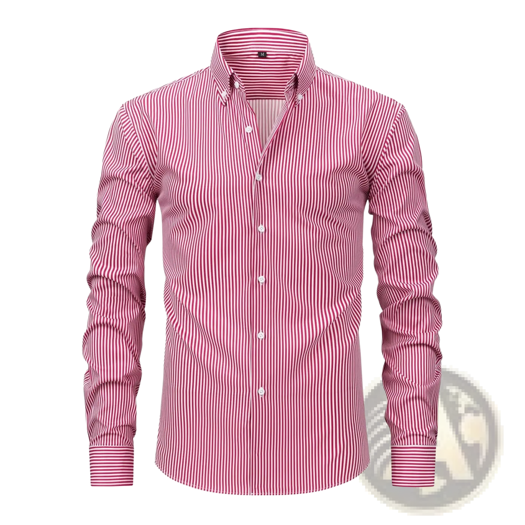 Men stretchy long sleeve dress shirt in vibrant pink and white vertical stripes with a classic collar and button-down front
