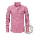 Men stretchy long sleeve dress shirt in vibrant pink and white vertical stripes with a classic collar and button-down front