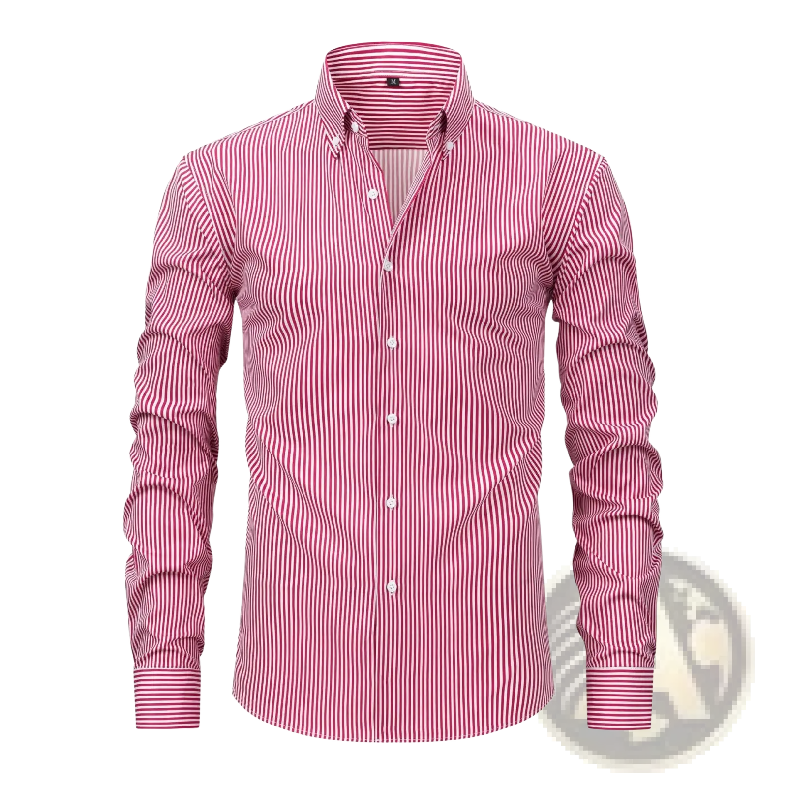 Men stretchy long sleeve dress shirt in vibrant pink and white vertical stripes with a classic collar and button-down front