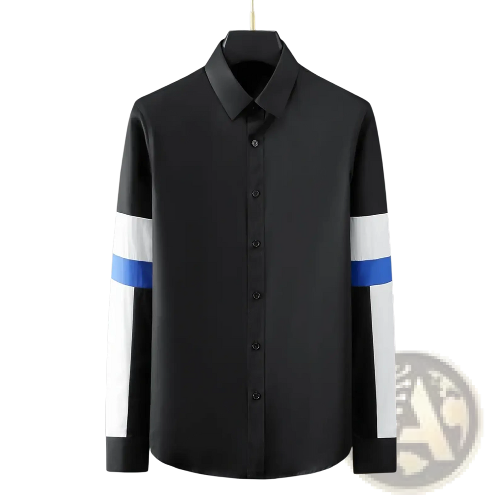 Men striped accent dress shirt slim fit long sleeve black with white and blue striped accents on sleeves front view