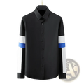 Men striped accent dress shirt slim fit long sleeve black with white and blue striped accents on sleeves front view
