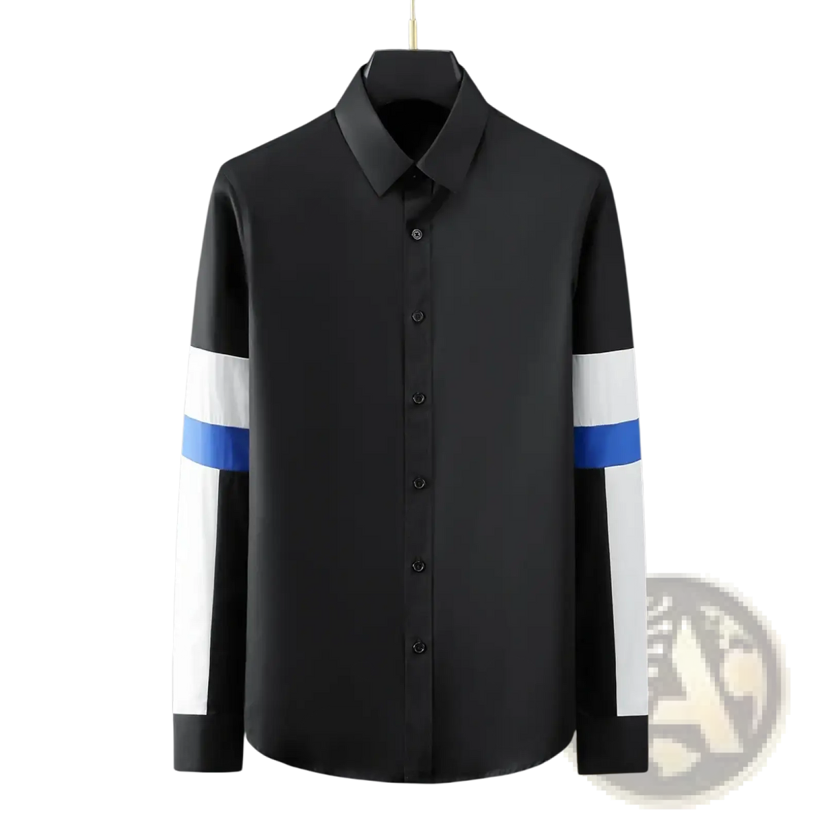 Men striped accent dress shirt slim fit long sleeve black with white and blue striped accents on sleeves front view