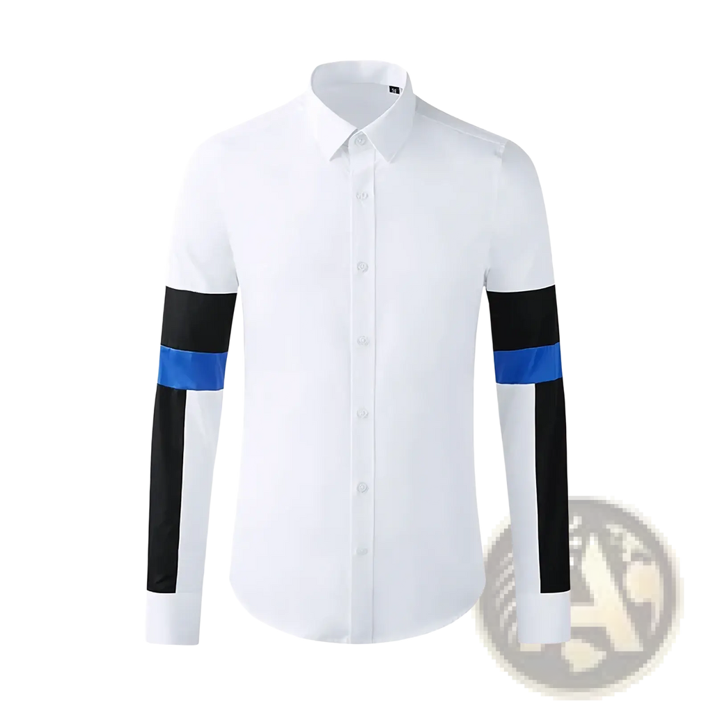 Men striped accent dress shirt slim fit long sleeve white with black and blue striped sleeve accents for formal wear