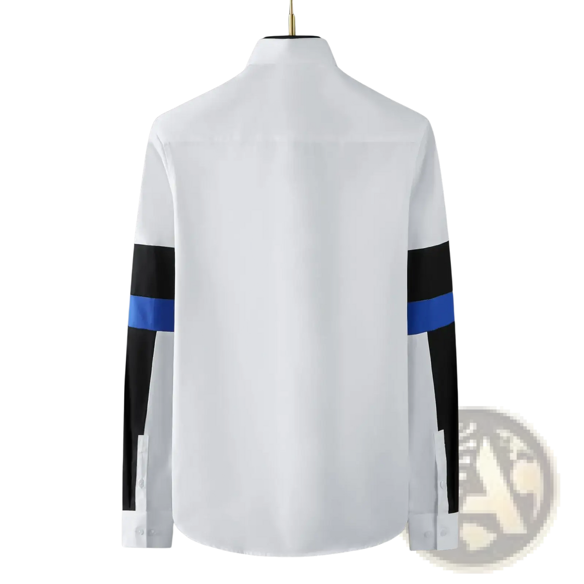 Men striped accent slim fit white dress shirt with black and blue striped sleeve details long sleeve design
