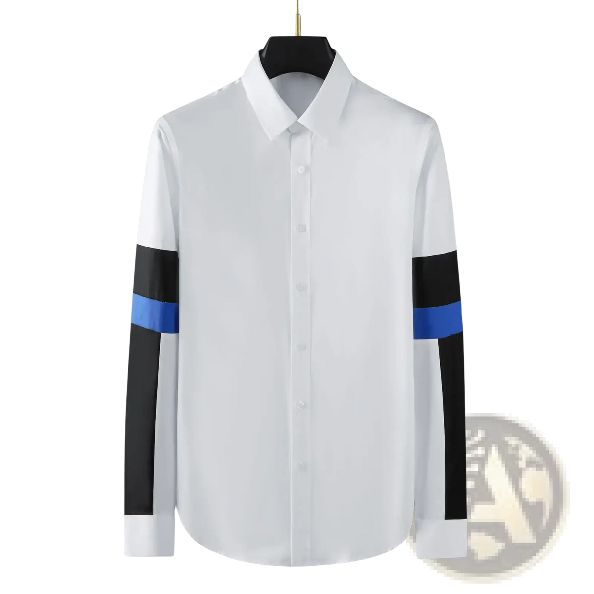 Men striped accent dress shirt slim fit long sleeve white with bold black and blue striped sleeve accents