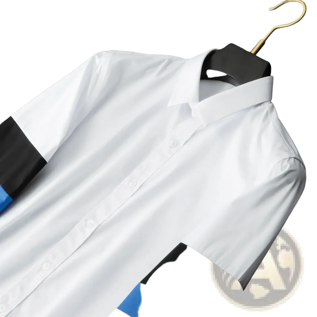 Men striped accent dress shirt slim fit with white fabric and black and blue contrast panels on short sleeves