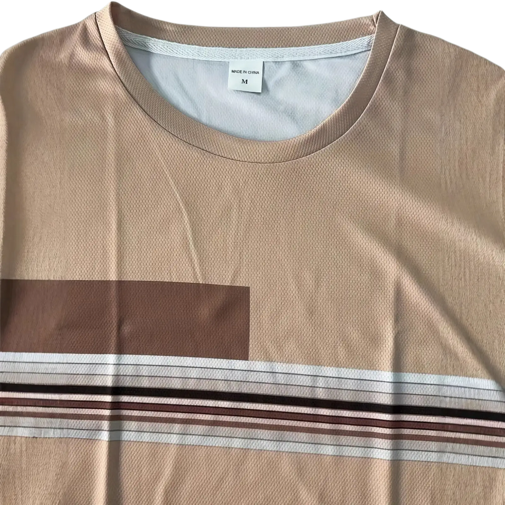 Men striped athletic short set featuring a beige cotton t-shirt with brown patch and horizontal white dark brown pink stripes