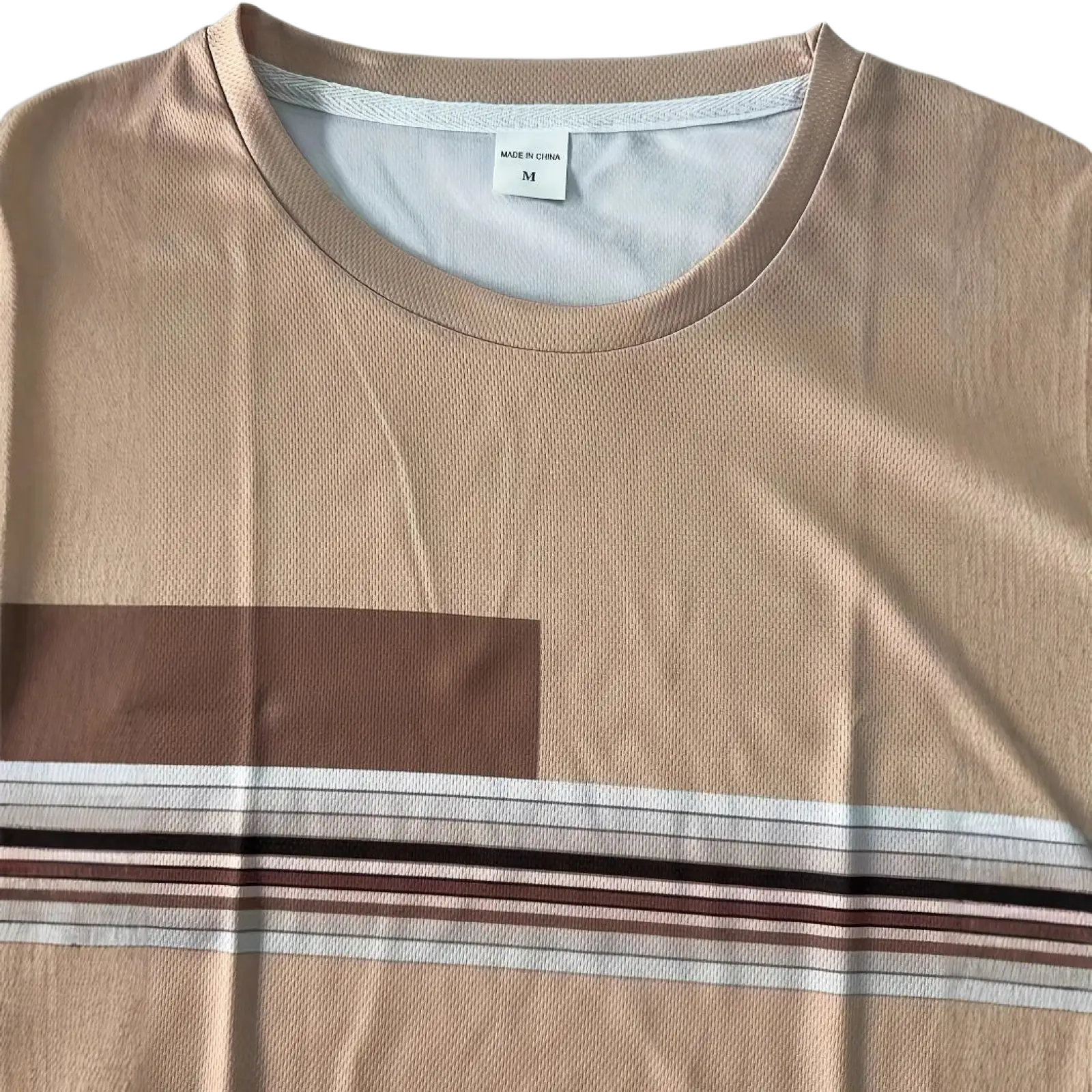 Men striped athletic short set featuring a beige cotton t-shirt with brown patch and horizontal white dark brown pink stripes